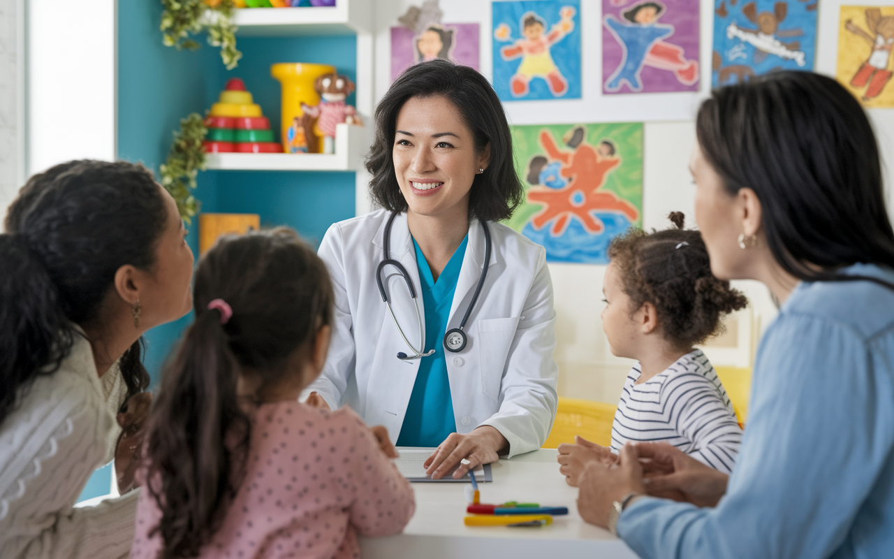 Dr. Lisa Huang, a confident female pediatrician, is seen in her vibrant clinic surrounded by colorful children's artwork. She is interacting with young patients and their parents, showcasing her advocacy for children's health rights. The setting is bright and cheerful, with elements that emphasize pediatric care—educational toys, posters about health, and warm lighting. The atmosphere conveys both trust and enthusiasm, underscoring her passion for improving healthcare access for children.