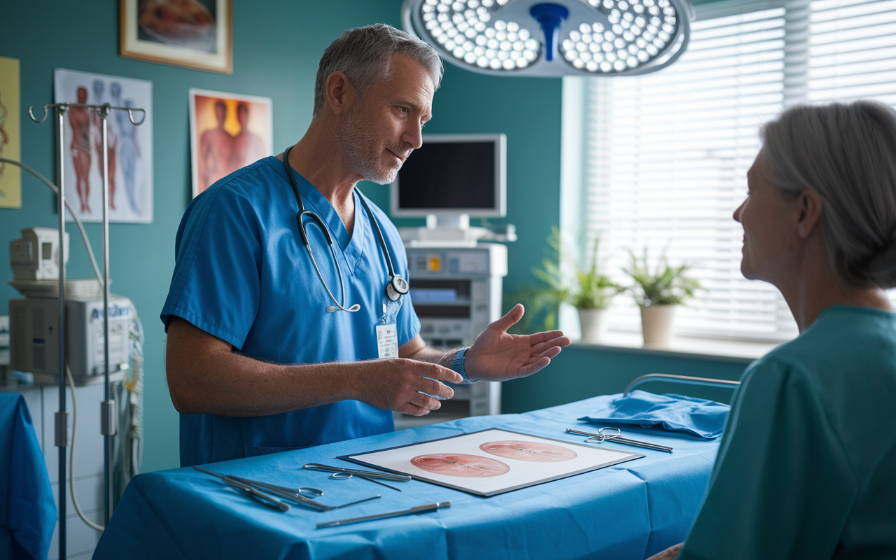 A compassionate middle-aged male surgeon, Dr. Jim Richards, is carefully explaining a surgical procedure to a patient in a calm hospital room. He uses visual aids to make complex information understandable. The scene highlights effective doctor-patient communication, with soft natural lighting streaming through the window, creating a comfortable atmosphere. The room is equipped with surgical equipment, colorful charts, and inviting decor that promotes patient engagement.