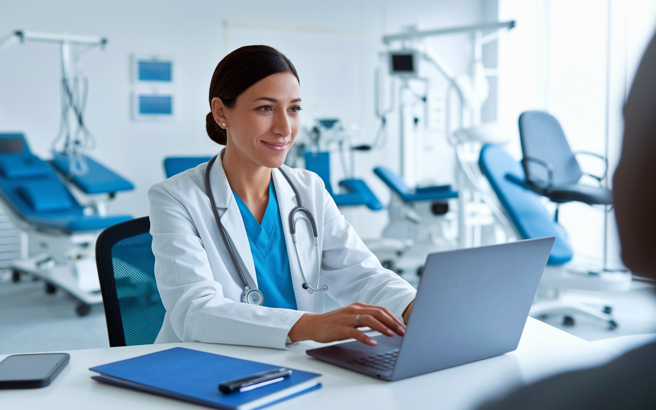 Dr. Maria Gonzalez, a skilled rehabilitation physician, is engaged in a telehealth consultation with a patient on a laptop. She sits in a modern clinic filled with advanced technological tools. The room is bright and well-organized, featuring ergonomic technology and rehabilitation equipment. Her expression is focused yet supportive, highlighting her mission to bridge technology and patient care. The ambiance is innovative and welcoming, illustrating her efforts to enhance healthcare through technology.