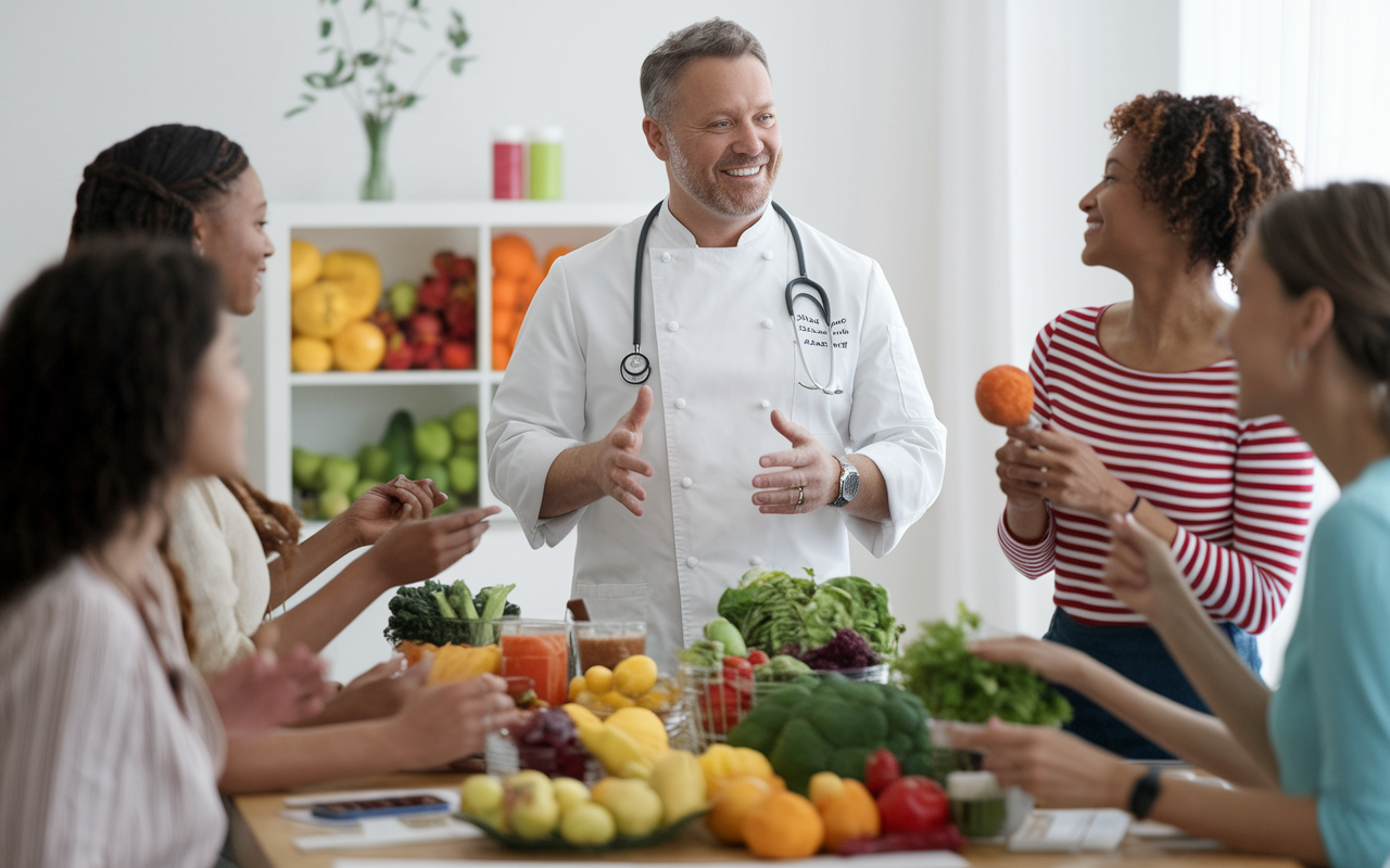 In a community workshop setting, Dr. Eric Klug, a warm-hearted physician with a chef's background, teaches a group of people about nutrition and healthy eating. Colorful, healthy food displays are set up around him, including fresh fruits and vegetables. The room is bright and engaging, with attendees actively participating. Klug's enthusiasm is palpable, as he demonstrates simple recipes and promotes a holistic approach to health, combining culinary skills with medical advice.