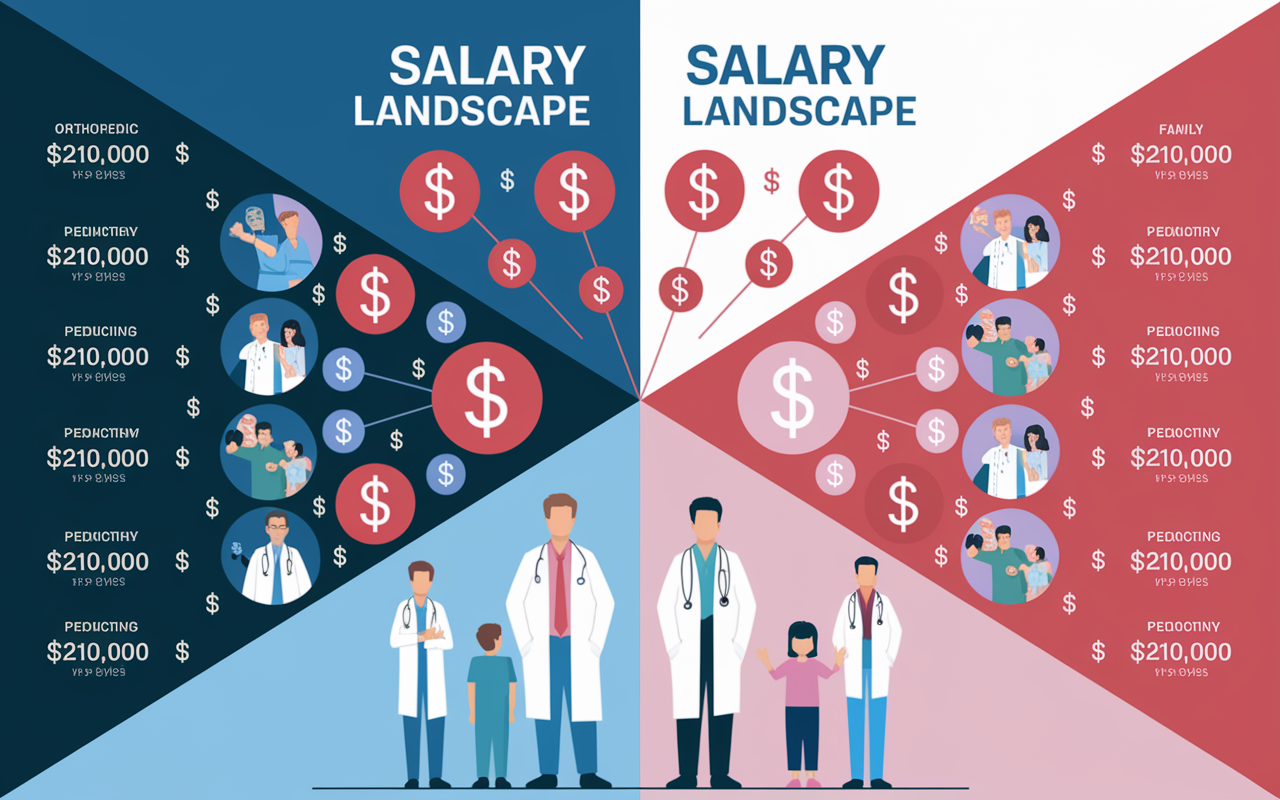 A visually compelling infographic showcasing the salary landscape of various medical specialties. On one side, orthopedic surgeons and cardiologists are depicted with icons of surgical tools and heart monitors, alongside dollar signs exceeding $400,000. On the opposite side, family medicine, pediatrics, and psychiatry specialties are illustrated with comforting scenes of doctors interacting with patients, but with lower dollar signs of $210,000 to $250,000. The background is split subtly to represent the contrast in earnings and job satisfaction levels.