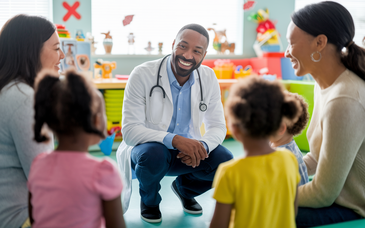 A joyful pediatrician in a colorful clinic, kneeling down to interact with young patients. The scene is vibrant, with cheerful decorations and toys around, emphasizing a warm atmosphere conducive to healing. The pediatrician smiles warmly, surrounded by attentive parents, showcasing a moment of genuine connection. Soft, natural light filters through the windows, highlighting the sense of satisfaction derived from fulfilling work. This imagery invokes feelings of joy, fulfillment, and community connection.