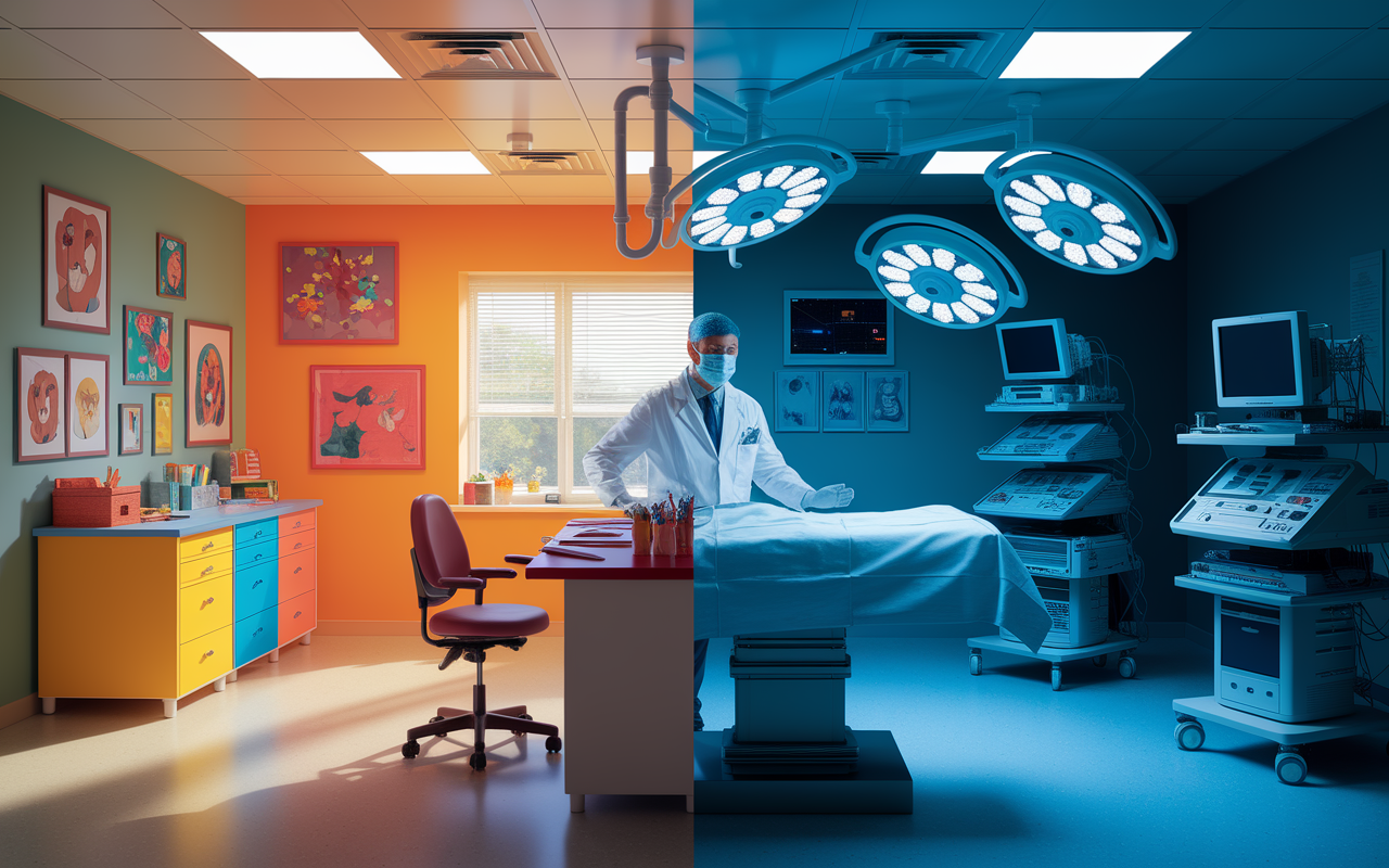 A split-view scene illustrating the contrasting work environments of a pediatrician and a neurosurgeon. On the left, the pediatrician's office exudes warmth with bright colors and children's artwork, showcasing a calm atmosphere with structured hours. On the right, the neurosurgeon's operating room is stark and high-pressure, filled with surgical tools and monitors, emphasizing the demanding and stressful nature of high-stakes specialties. Dynamic lighting contrasts the two settings, highlighting the emotional toll and satisfaction derived from each specialty.