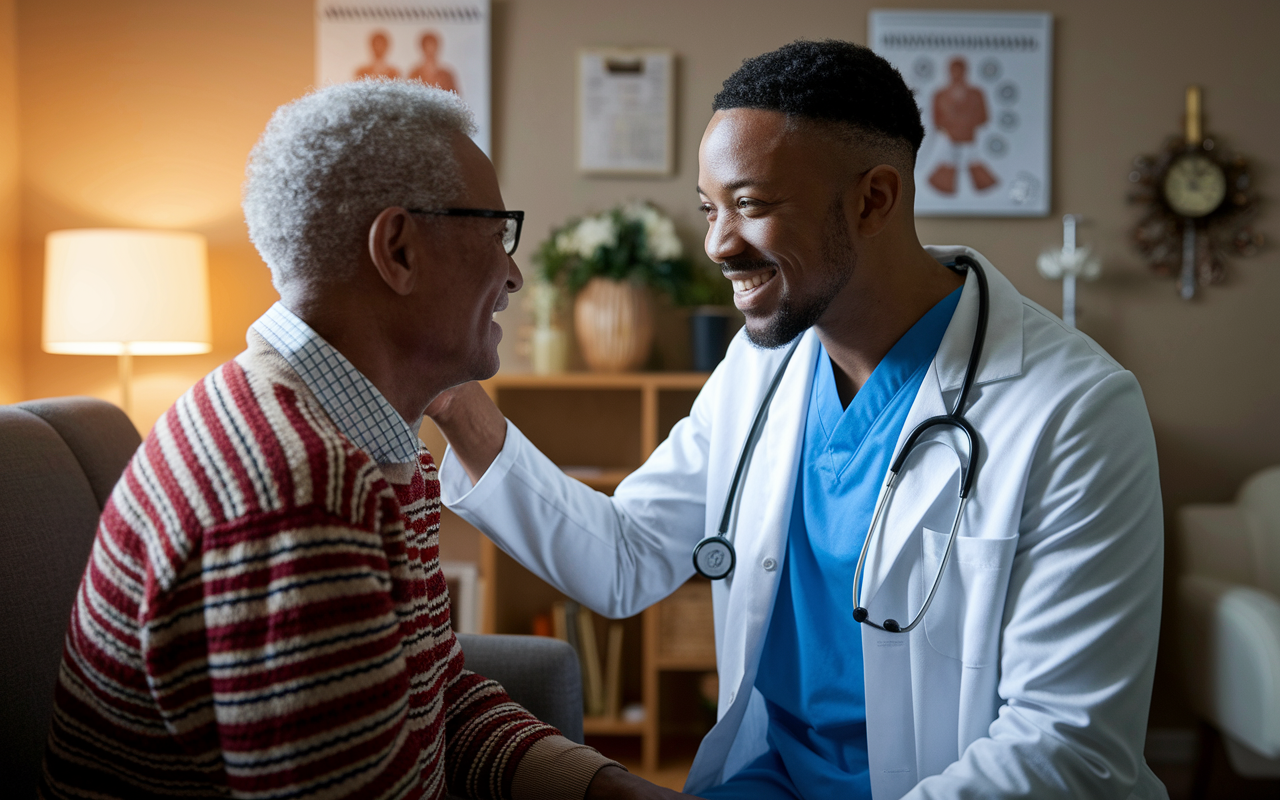 A compassionate primary care physician engaging with an elderly patient in a cozy clinic. The background suggests a nurturing environment with personalized décor and health charts, highlighting the physician's role in community health. Warm lighting creates a comforting atmosphere, showcasing the importance of primary care in addressing health concerns, especially for aging populations. Expressions of trust and care reflect the value of lower-paying specialties in providing essential healthcare services.