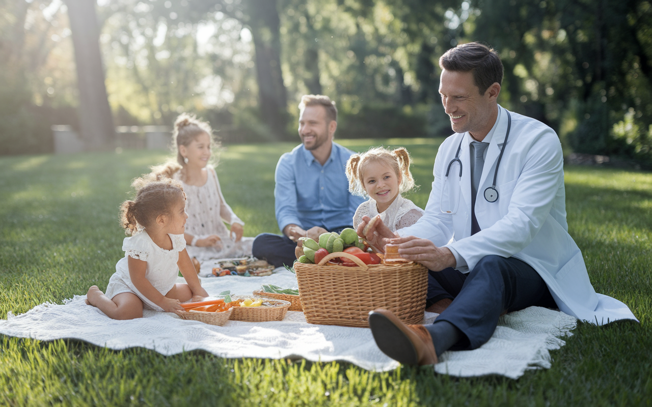 A scene depicting the work-life balance of a family medicine doctor. A Caucasian male physician is seen enjoying an outdoor picnic with his family on a sunny day. There is a blanket spread on the grass, with children playing and a basket full of healthy snacks. The image conveys warmth and joy, emphasizing family time and relaxation, while a gentle sunlight filters through the trees, creating a serene atmosphere.