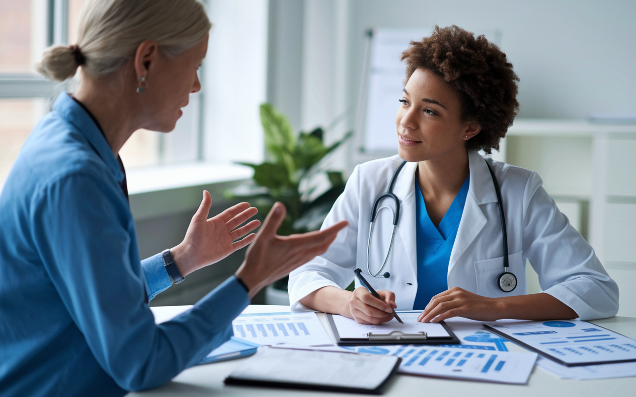 A focused financial advisor explaining loan management strategies to a young physician sitting across from her. The setting is a bright office space with charts and financial plans spread out on the table. The physician, a mixed-race woman, appears engaged and appreciative of the guidance, highlighting the importance of financial literacy in managing a medical career.