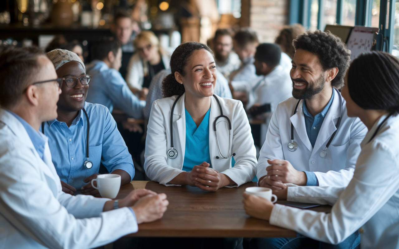 A diverse group of physicians gathered in a cozy coffee shop, sharing experiences and support with one another. They are mid-conversation, laughing and actively listening, creating a sense of camaraderie. The scene is warm and inviting, showcasing the importance of community and support among peers in lower-paid specialties.