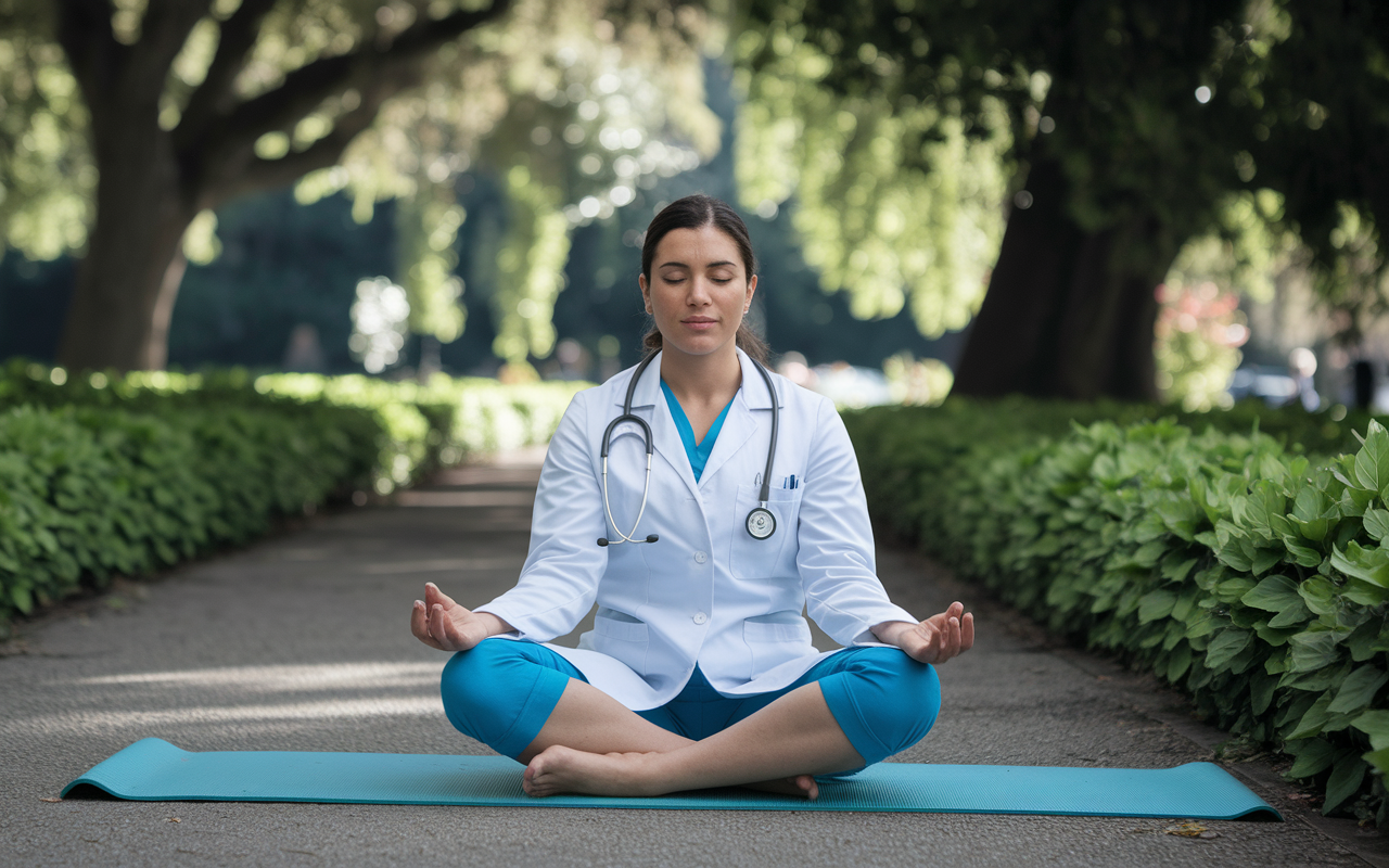 A serene scene of a physician practicing mindfulness in a quiet park, surrounded by nature. The doctor, a Hispanic woman in her late 30s, is meditating on a yoga mat, showcasing inner peace and self-care amidst her busy life. Lush greenery, dappled light, and a calm atmosphere reflect the importance of mental well-being in the medical field.