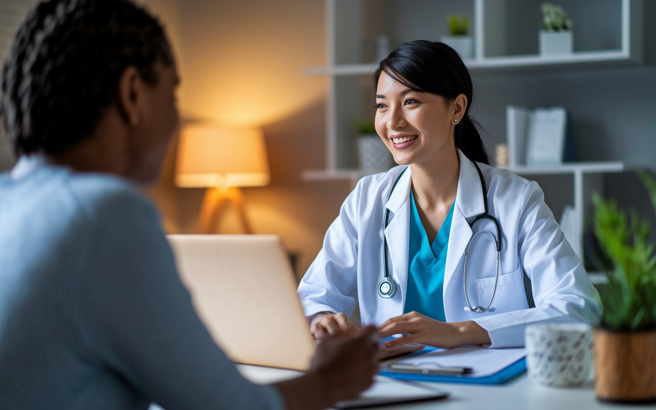 An ambitious family doctor consulting with a patient via telemedicine, utilizing a laptop in a modern home office. The healthcare provider, a South Asian woman in her 30s, is smiling and engaging with the patient on screen. Warm lighting and comfortable furnishings set the scene for a flexible and innovative approach to healthcare delivery.