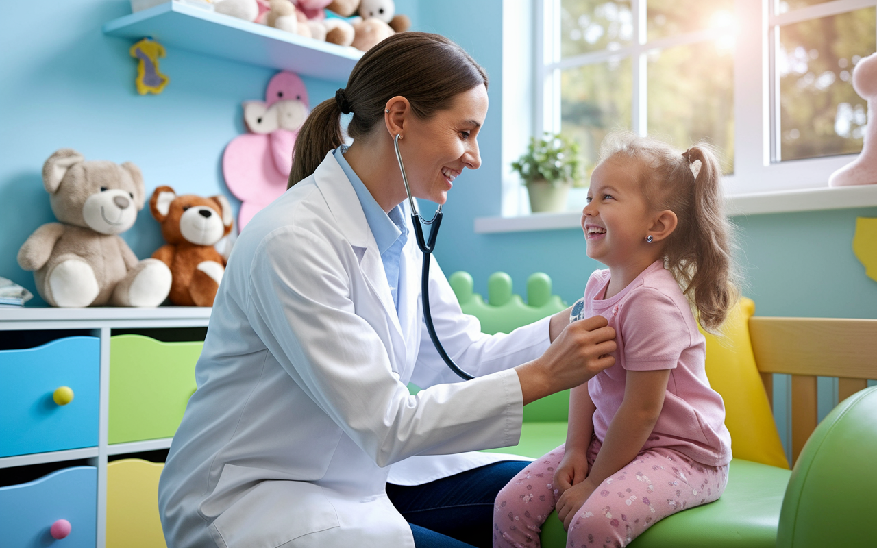 A pediatrician with a warm smile kneeling to interact with a young girl in a bright, colorful pediatric office. The child is laughing as the doctor listens to her heartbeat with a stethoscope. The room is filled with playful decor, with stuffed animals and cheerful colors, showcasing the caring relationship between the physician and patient. There’s a window view of a sunny day outside, reflecting a positive, uplifting atmosphere.