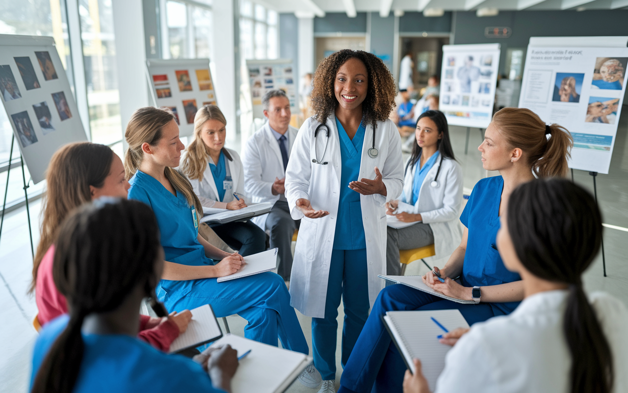 A vibrant scene showing a diverse group of healthcare professionals engaging in a community health workshop. There’s a Black female doctor leading a discussion, while various participants from different backgrounds are sitting attentively with notebooks. The location is a spacious community center with bright natural light, emphasizing collaboration and education in health. Visual aids like charts and brochures are displayed around, symbolizing proactive community engagement.