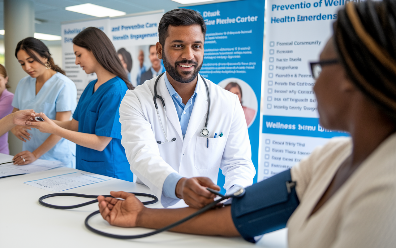 A dynamic scene depicting a family physician conducting a health screening event at a local community center. The doctor, an Indian man in his 40s, is measuring blood pressure of a local resident, with volunteers assisting in the background. There are informative banners about preventive care, and a checklist of wellness services on display. The atmosphere is communal and supportive, highlighting the physician's role in enhancing community health through direct engagement.