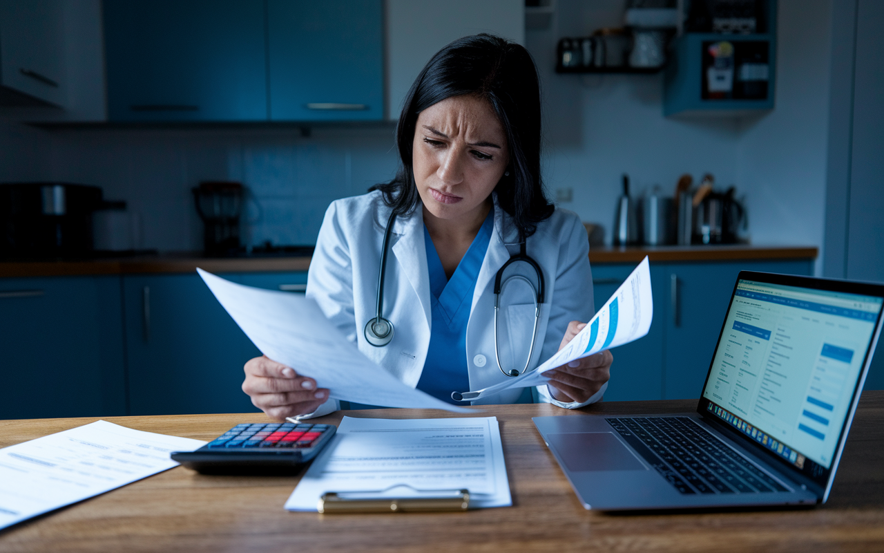 A worried doctor in a modest apartment, examining bills and student loan statements at the kitchen table. The physician, a Hispanic woman in her late 20s, looks stressed, with a calculator beside her and a laptop open to financial planning websites. The lighting is dim, symbolizing the pressure of financial burdens against the backdrop of her medical career aspirations.