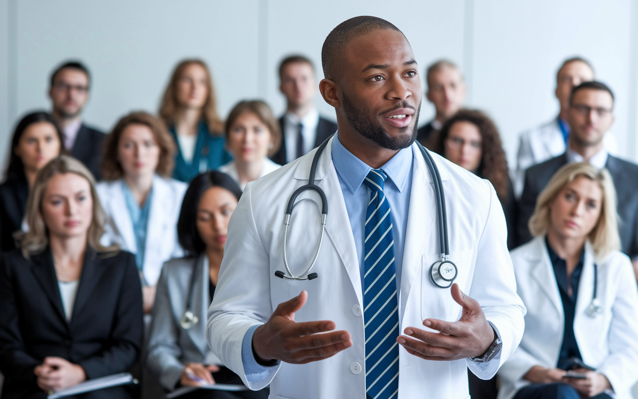 A family doctor speaking at a medical conference, with a mixed audience listening. The doctor, a Black male in his 30s, looks confident while presenting on the importance of primary care. Some audience members appear engaged, while others are looking skeptical. The setting is bright and professional, emphasizing the challenges of gaining respect in the medical community for lower-paid specialties.