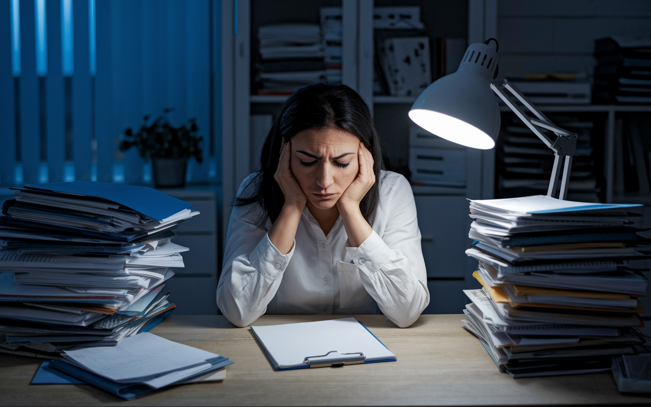 An exhausted psychiatrist sitting in a cozy yet cluttered office late at night, with stacks of patient files and notes surrounding them. The psychiatrist, a Middle-Eastern woman in her 40s, rests her head on her hands, showcasing the emotional toll of her profession. Soft lighting from a desk lamp creates a somber mood, highlighting the compassion fatigue faced by mental health professionals.