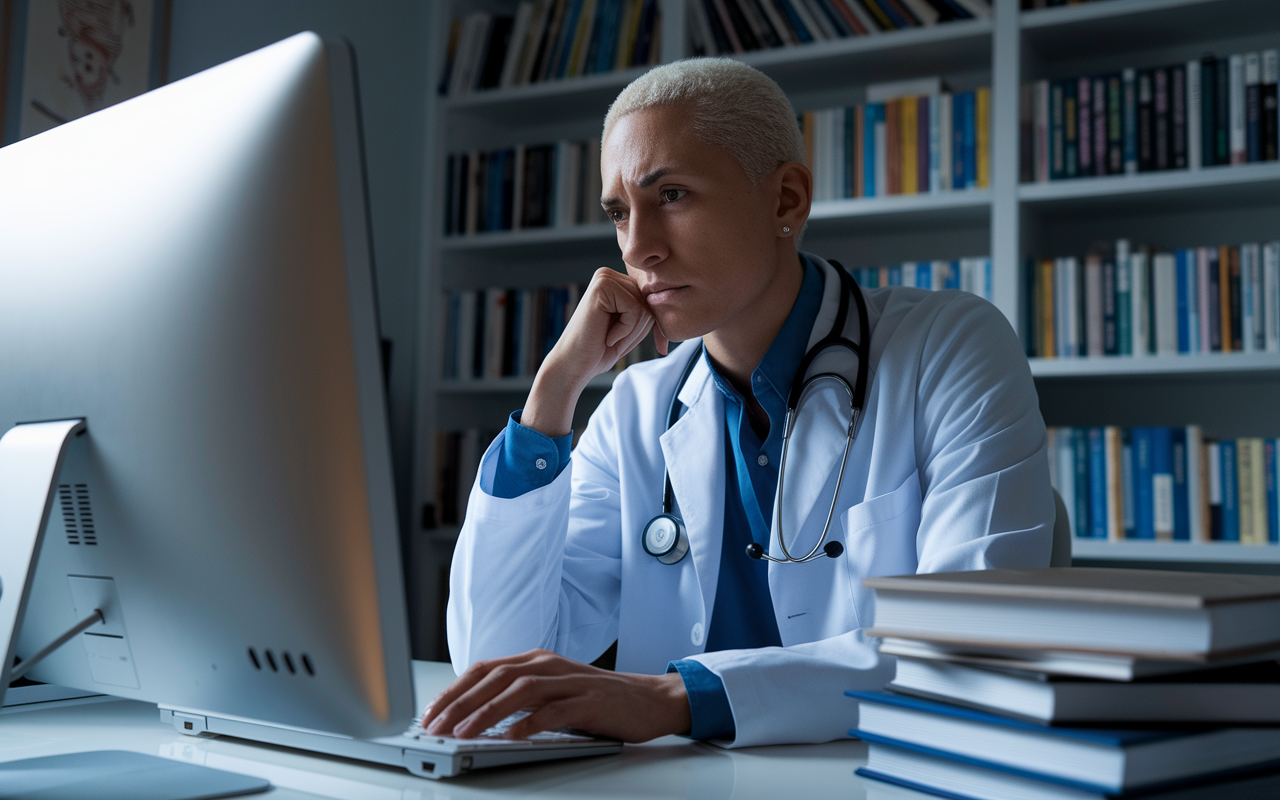 A determined yet frustrated physician looking at job postings on a computer, appearing contemplative and thoughtful. The scene is set in a quiet home office, with an array of medical books on the shelf behind them indicating their dedication to growth. The lighting is softer, exemplifying the contemplative nature of pursuing career advancement in a lower-paid specialty.