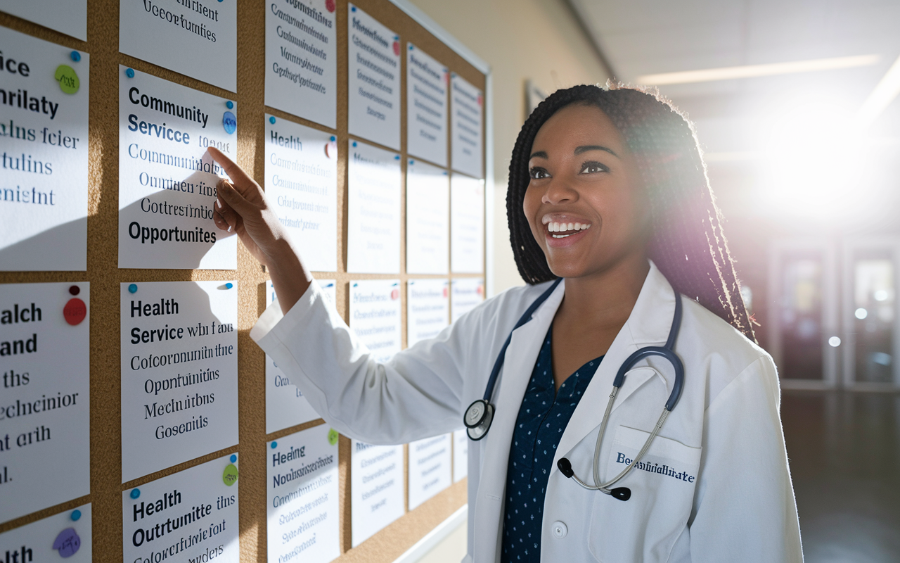 A passionate medical student standing in front of a bulletin board filled with community service and health outreach opportunities. The student, a young Black woman beaming with enthusiasm, is pointing out various programs that resonate with her goals. Sunlight filters in from a nearby window, symbolizing hope and commitment to a fulfilling medical career.