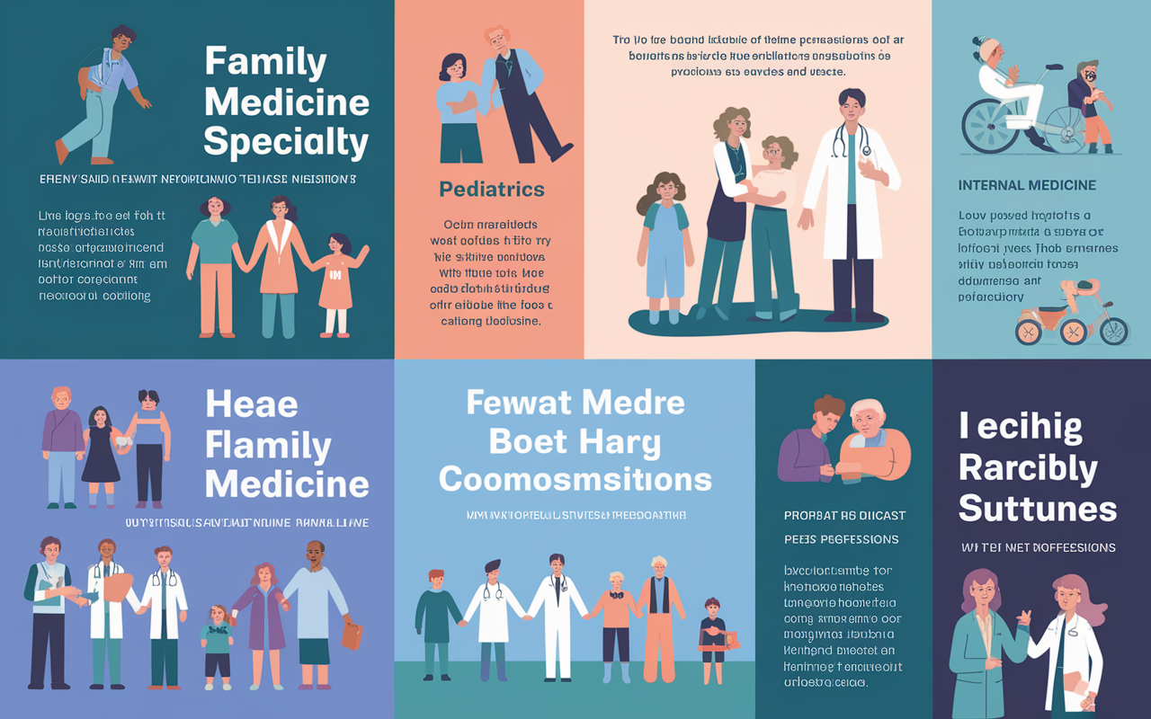 A visually engaging infographic design that showcases various low-paying medical specialties like family medicine, pediatrics, and internal medicine, illustrated with symbols representing each specialty—like family icons for family medicine, colorful toys for pediatrics. The infographic should have a background with calming colors, emphasizing the intrinsic values of these professions, such as compassion and dedication.