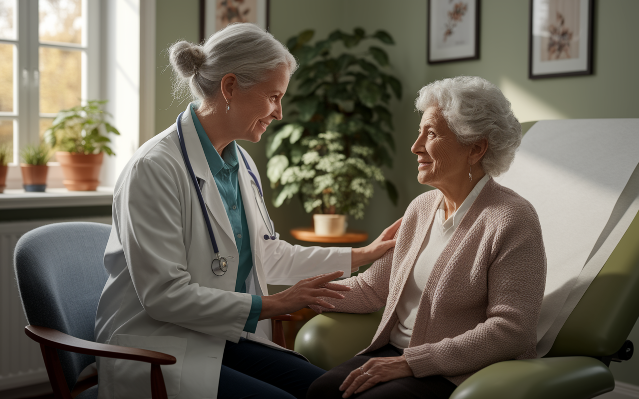 An emotional scene depicting Dr. Sarah, an elderly woman in a serene, well-lit examination room, engaging with an elderly patient, listening intently with compassion. The room is filled with soft lighting, plants, and comforting decorations, illustrating a warm, caring environment. The elderly patient appears grateful, reflecting a scene of trust and deep connection.