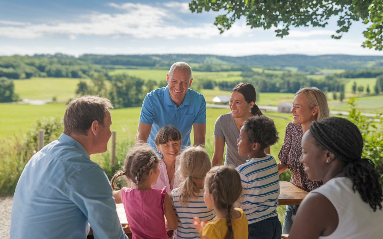 A rural healthcare clinic situated in a scenic countryside, with Dr. Mark interacting with a group of happy children and their families in an outdoor learning area. The backdrop showcases lush green fields, a bright blue sky, and a welcoming environment. The families’ faces depict joy and trust, illustrating the positive role of dedicated professionals in rural healthcare. Natural light enhances the warmth of the gathering.