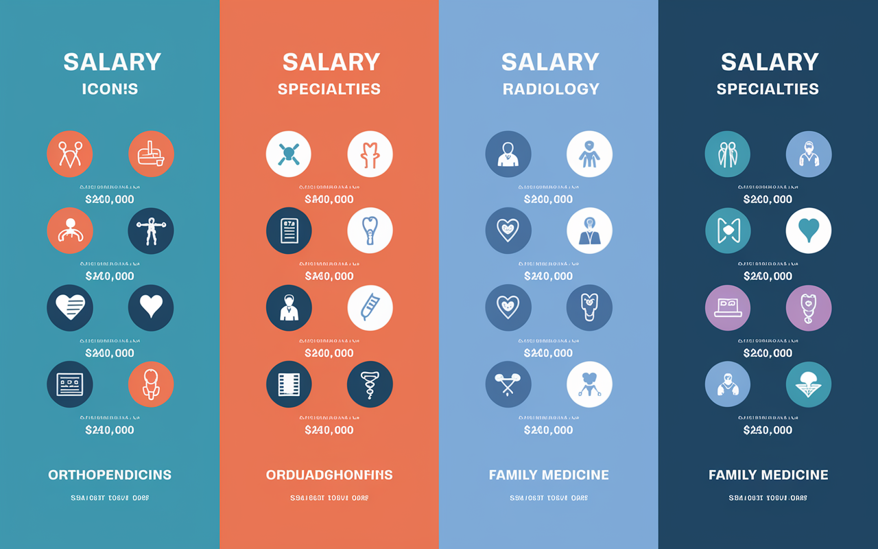 An infographic-style image illustrating the salary spectrum for medical specialties. On the left, high-paying specialties like orthopedics and cardiology depicted with vibrant icons and salaries over $400,000 in bold text. In the center, moderately-paying specialties like radiology shown in soft colors with average salaries around $250,000-$400,000. On the right, low-paying specialties like family medicine and pediatrics represented with a muted palette, averages visibly lower than $250,000. Clear, engaging layout, suitable for educational purposes.