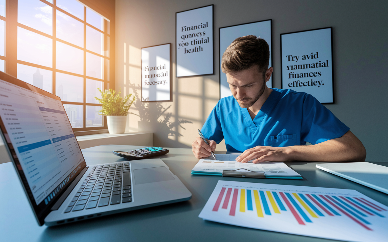 An office scene showing a doctor in scrubs meticulously working on a budget at a modern desk. A laptop is open with budgeting software visible, a calculator, and a notepad filled with colored expenses charts. Warm sunlight streams through a window, casting gentle shadows, while motivational quotes about financial health adorn the walls. The setting conveys organization, focus, and determination to manage finances effectively.