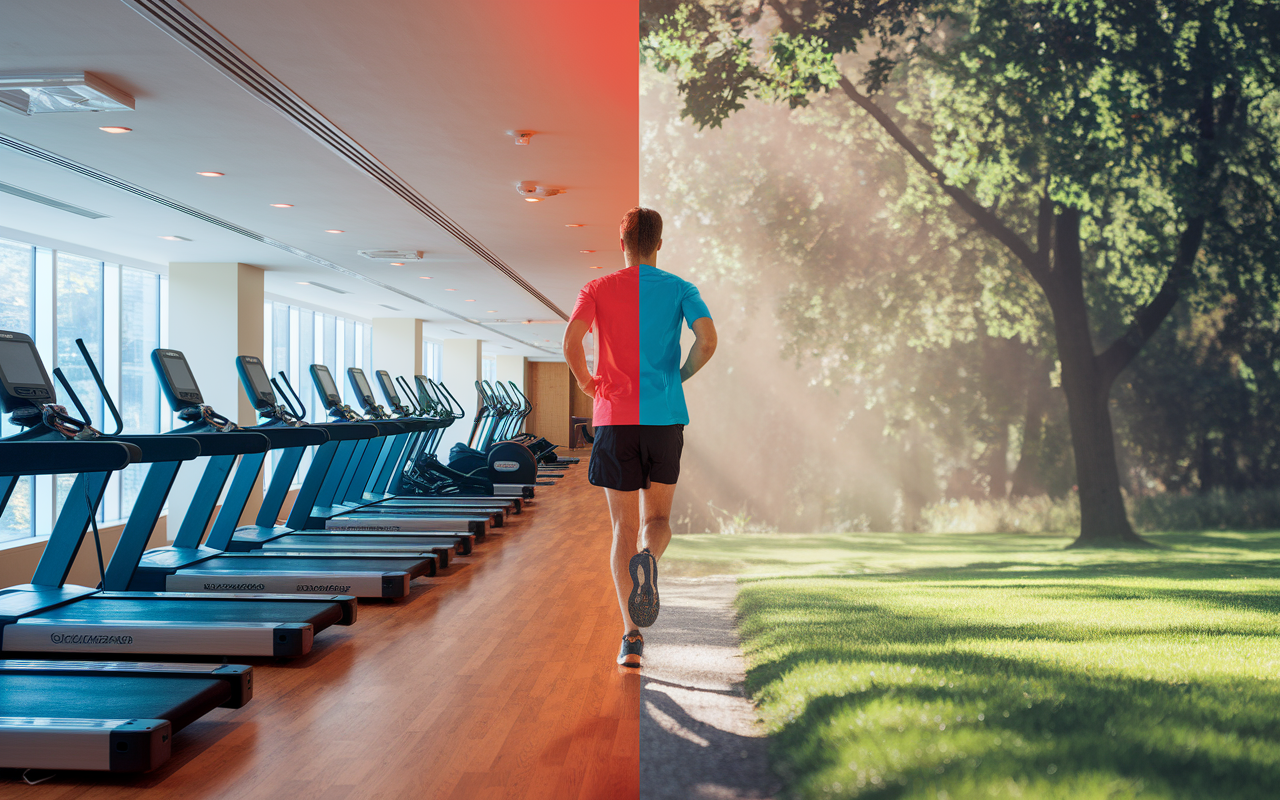 A split image showing two sides: on the left, a luxury gym with modern equipment and crowded space, while on the right, a serene outdoor scene of a person jogging in a beautiful park, sun shining down, and nature surrounding them. This contrast highlights the choices between luxury and simplicity, emphasizing the theme of budgeting priorities. Bright colors and clear focus to engage viewers.