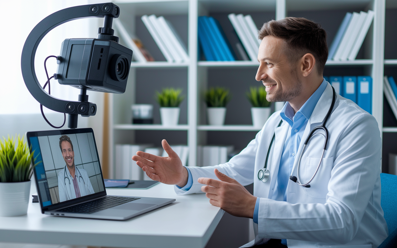 A modern physician's home office set up for telemedicine, featuring a high-resolution camera, microphone, and a laptop displaying a virtual consultation in progress. The doctor, wearing casual work attire, is engaged with a patient on the screen, with soft lighting creating a professional yet cozy atmosphere. The background consists of medical books and plant decorations, portraying a balanced work-life integration.