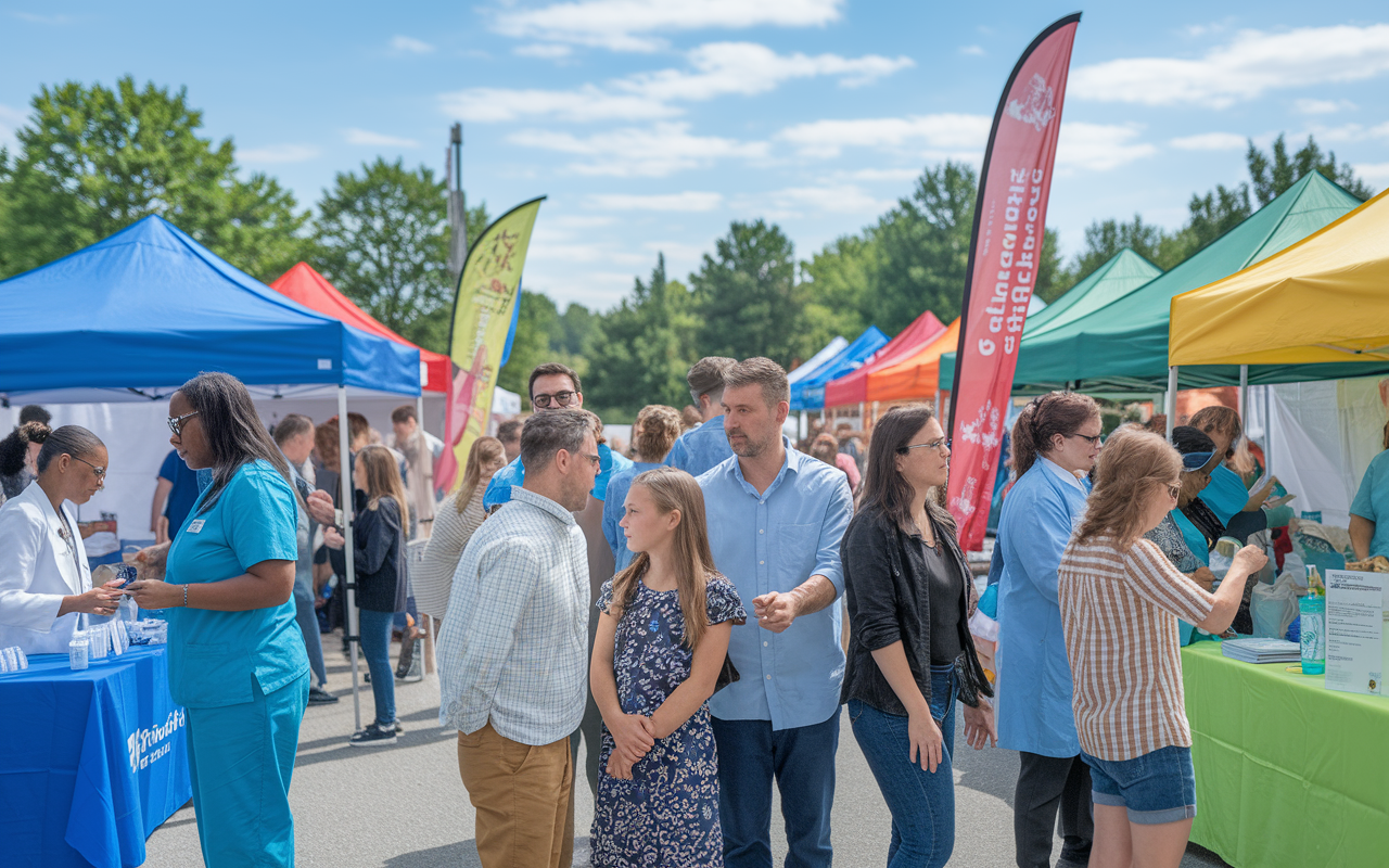 A bustling community health fair scene, with healthcare professionals providing free screenings and educational resources to a diverse group of families. Public health workers discuss vital health topics with attendees, colorful tents and banners in the background highlighting various health initiatives. The environment is lively, showcasing a commitment to health advocacy and community support under a clear blue sky.