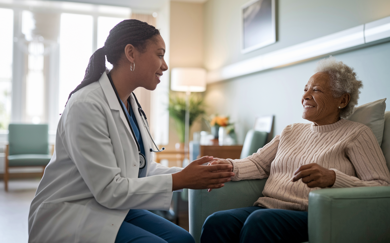 An intimate, serene hospital setting where a compassionate geriatrician is attentively discussing health options with an elderly patient in a bright, well-lit room. The patient appears relaxed and engaged, surrounded by personal items that show the warmth of home. The focus is on the deep human connection and care demonstrated in geriatric medicine, emphasizing respect, empathy, and quality of life.