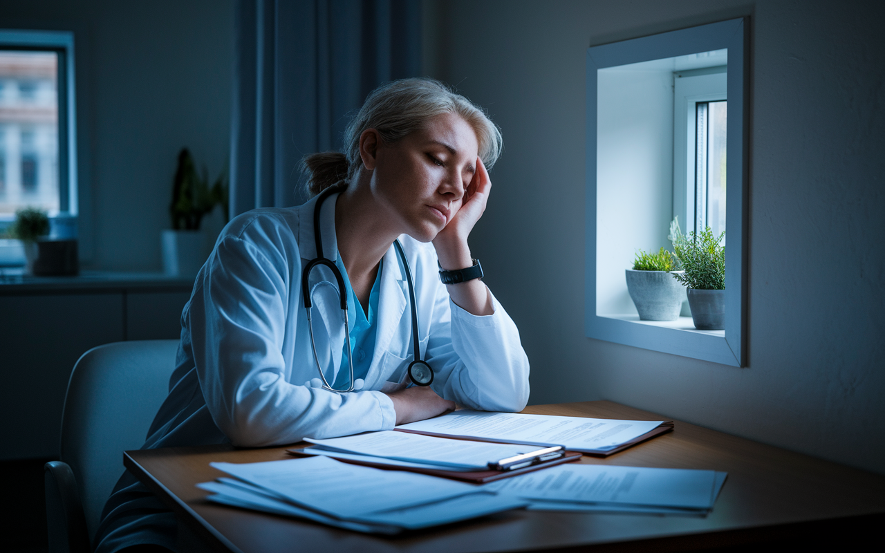 A scene depicting a weary physician in an on-call room, visibly exhausted, with a stethoscope around their neck and papers scattered about showing a heavy administrative load. Soft, dim lighting envelops the room, enhancing the ambiance of solitude and emotional strain. The physician gazes thoughtfully out of a small window, illustrating the mental weight of caregiving in high-demand specialties.