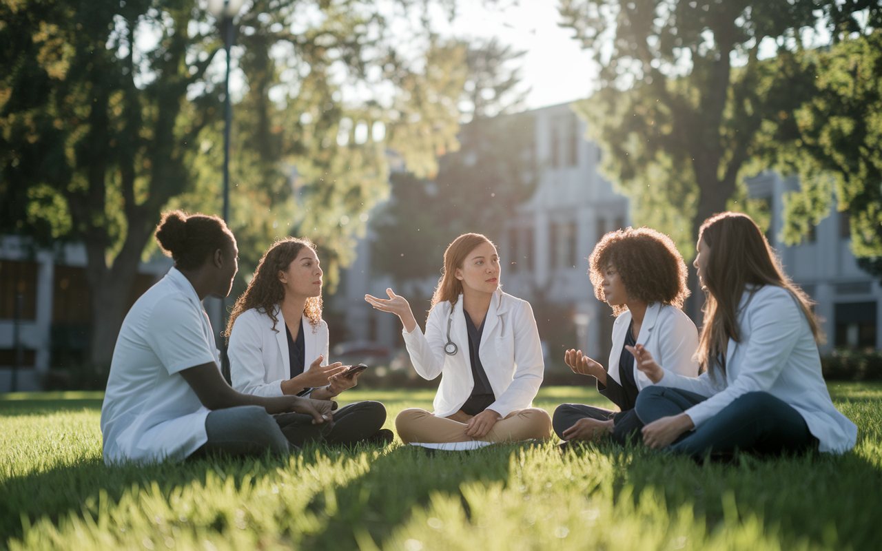 A peaceful setting showing a group of diverse medical students engaged in a deep discussion while sitting on a lawn, with one student actively presenting ideas about career paths. The scene is set during golden hour, casting warm light on the group, symbolizing clarity and openness in their decision-making process regarding their futures.