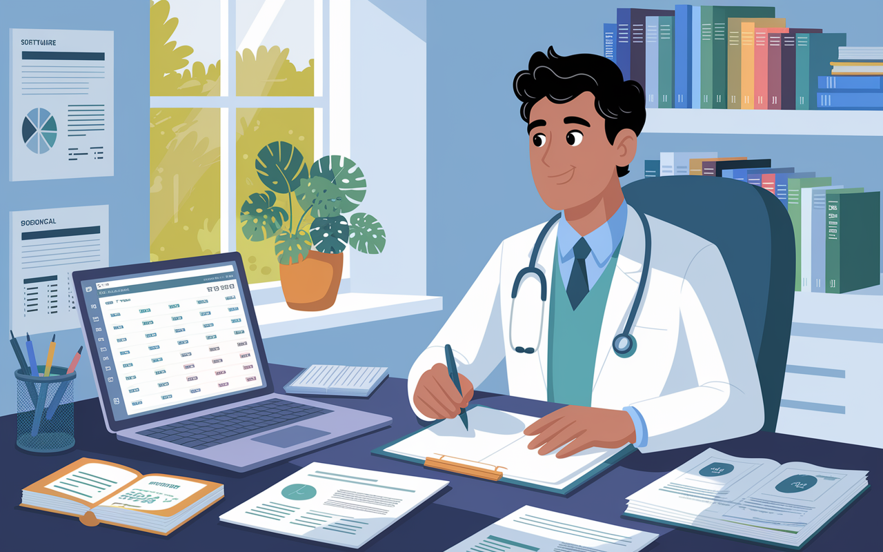 An illustrative scene of a young physician sitting at a desk filled with financial documents, a laptop open displaying budgeting software, and medical books in the background. The environment is organized and bright, infused with a sense of determination and professionalism. Natural light filters through the window, symbolizing hope and practicality in managing finances within the medical field.