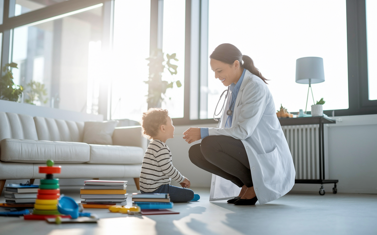 A serene scene of a family physician in a modern office setting enjoying a light-hearted moment with a child, representing the low-stress environment of low-paying specialties. She’s kneeling down to the child's level, engaging positively while medical books and toys are scattered around. Bright, natural light flows in through large windows, creating a relaxed and family-friendly atmosphere that symbolizes balance between professional obligations and personal life.