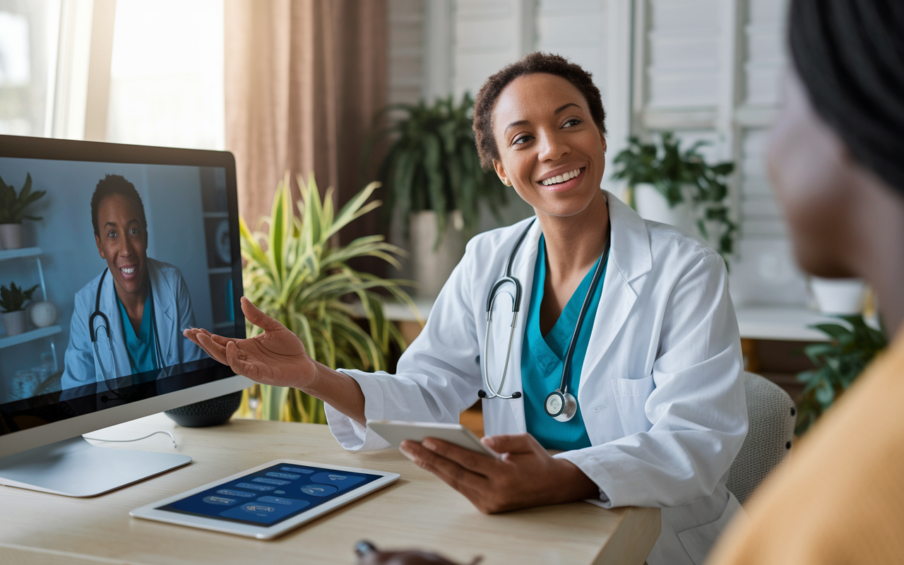 A family physician conducting a telehealth session from a comfortable, well-lit office. She’s smiling at the screen where a patient appears, discussing health concerns. The room is furnished with plants and a digital tablet showing chat interactions. Modern technology and a warm ambiance set the tone for innovative care delivery methods that enhance accessibility and patient interaction from home.