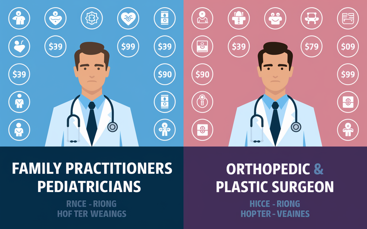 Infographic style illustration comparing the salaries of low-paying and high-paying medical specialties. On the left, a graphic depicting family practitioners and pediatricians with their average salaries depicted using bright colors. On the right, orthopedic and plastic surgeons with significantly higher salaries illustrated in bold fonts. Background shows symbols representing different specialties, creating a visual narrative of the earnings disparity within the medical field.