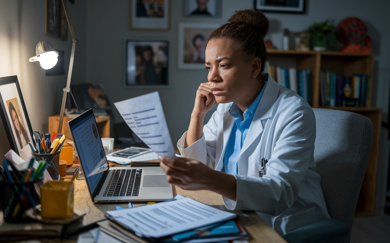 A concerned family medicine physician reviewing student loan statements at a cluttered desk in their modest home office. The room is warmly lit, with family photos on the wall and a laptop showing debt repayment plans. The physician looks pensive as they analyze their financial situation, symbolizing a struggle that many face in balancing passion with financial stability.