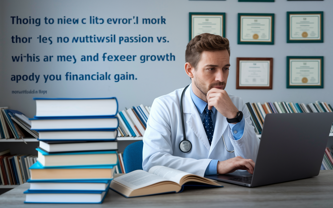 A thoughtful physician in a study, surrounded by medical books, exploring potential sub-specialization options on a laptop. The room is filled with medical certificates on the wall and a motivational quote about passion vs. pay in the background, capturing the tension between career growth and financial gain.