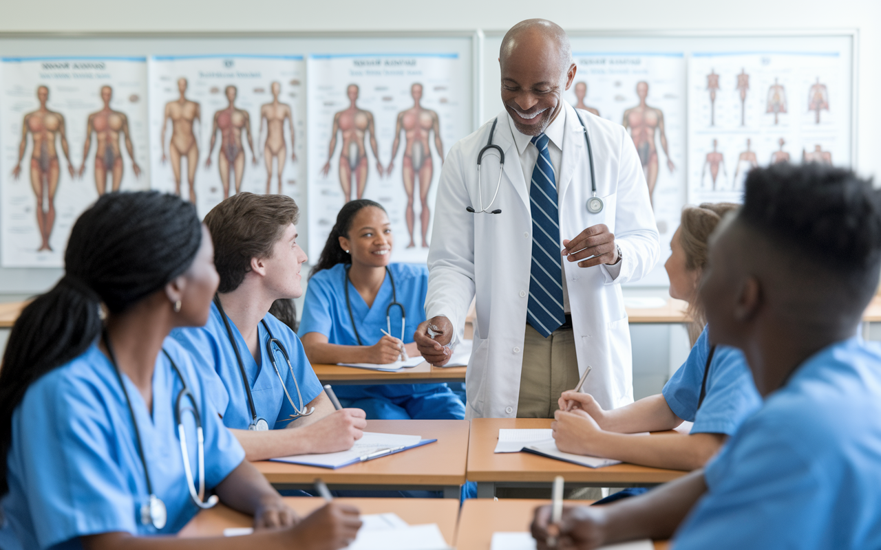 An inspiring scene within a medical school classroom where a seasoned family medicine doctor is engaging with enthusiastic medical students. The students are listening intently, taking notes, amidst a backdrop of anatomy charts and medical resources. The room is brightly lit, fostering an atmosphere of learning and inspiration.