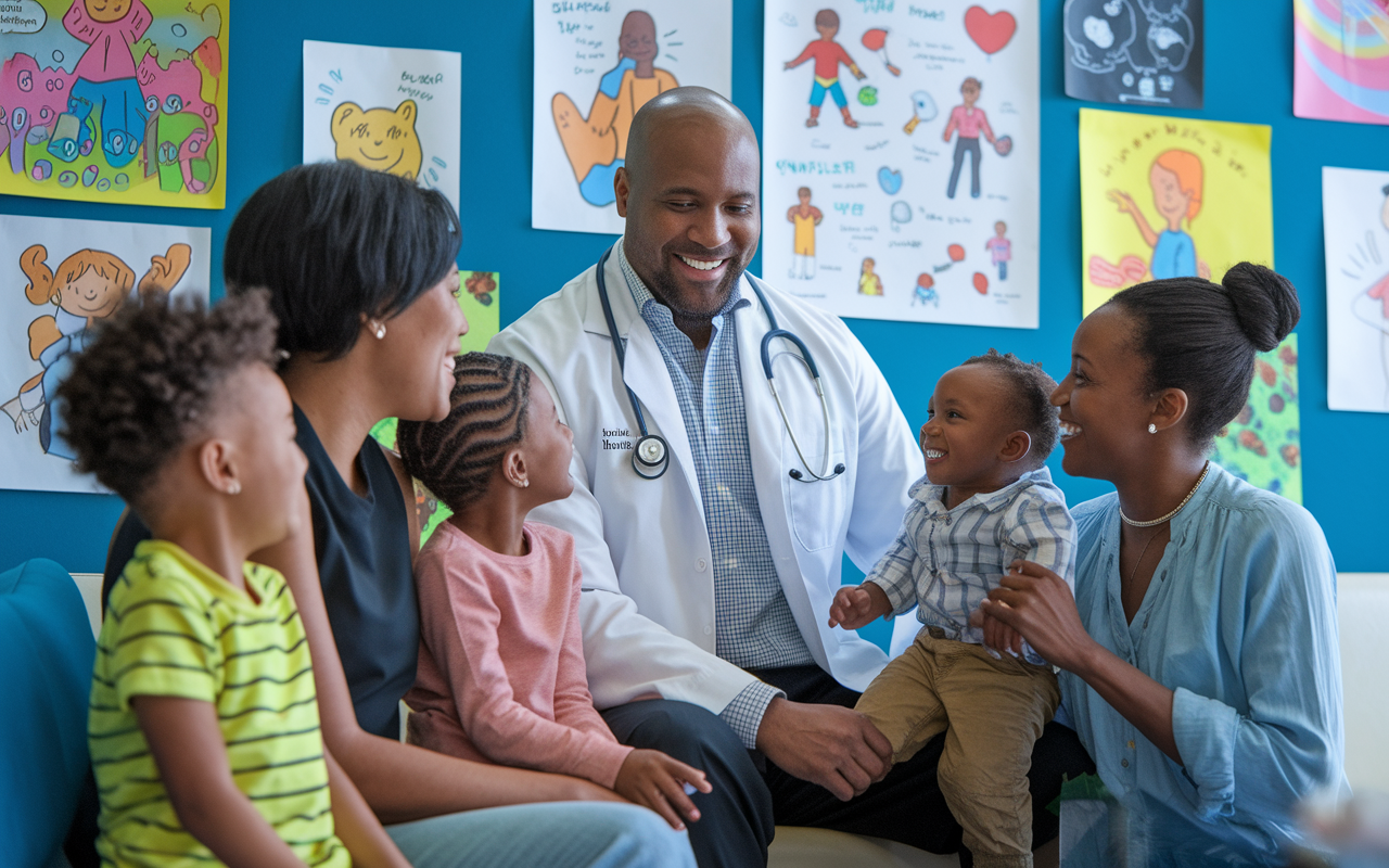 A family medicine physician warmly interacting with diverse families in a community health clinic filled with vibrant drawings and health posters. The atmosphere is filled with laughter and positivity, showcasing the close bonds between the physician and patients, emphasizing the fulfillment and joy derived from serving the community.