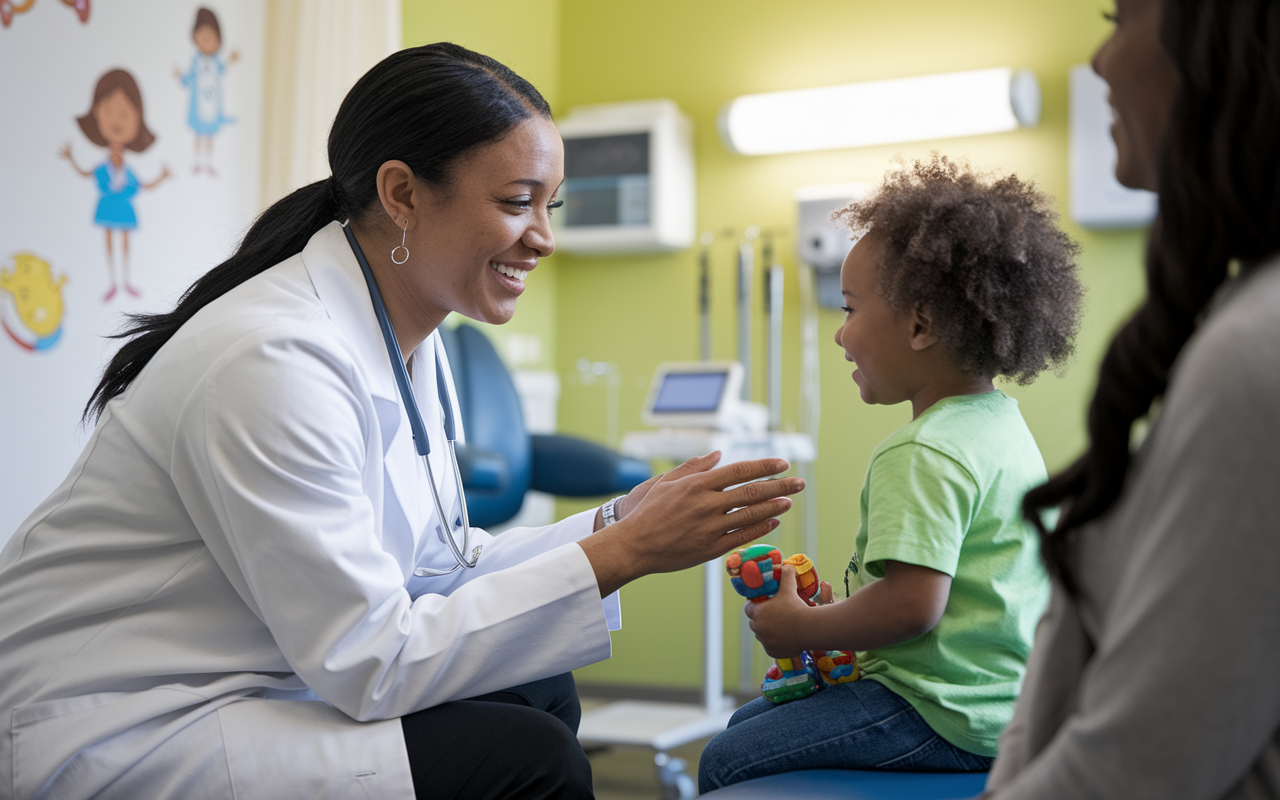 A pediatrician in a colorful examination room, kneeling to converse with a young child holding a toy. The physician, smiling gently, is in a white coat, creating a friendly atmosphere. The room is bright with wall decals of cartoon characters and medical equipment in the background. Soft, ambient lighting enhances the feeling of a caring environment, showcasing the joy and trust between the physician and the child. The child’s parent observes in the background, reflecting the importance of family involvement in healthcare.