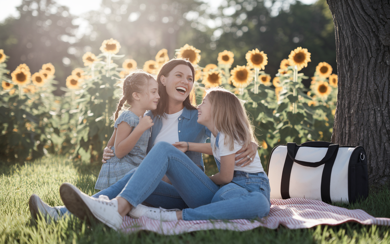 A pediatrician in a sunflower-filled park, laughing joyfully with their children during a family picnic. The pediatrician, in casual attire, radiates happiness, showcasing the balance between professional responsibilities and personal life. Nearby, a medical bag sits under a tree, suggesting a connection to their work, while golden hour sunlight casts a warm glow, enhancing the feelings of joy and familial bonds.