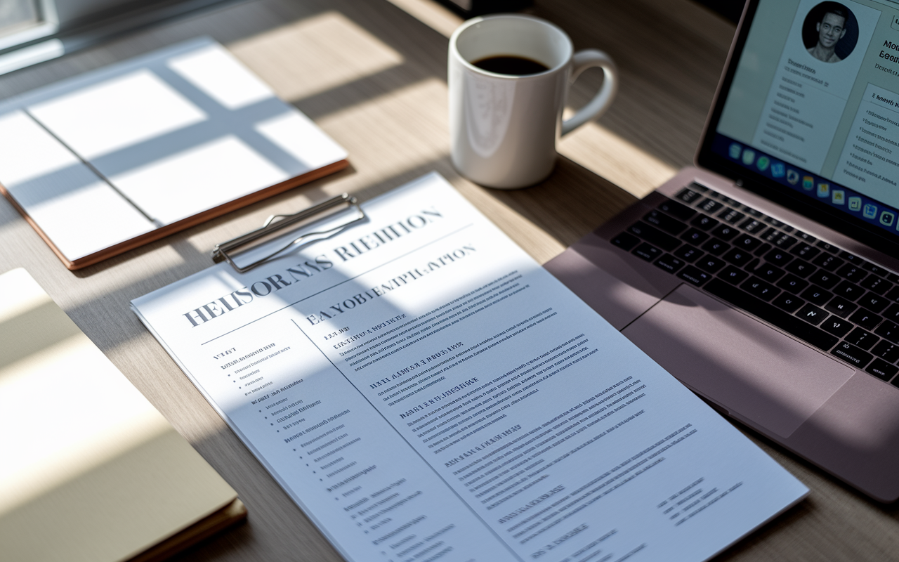 A close-up of a desk filled with neatly organized documents, showcasing a personalized resume and cover letter tailored for a physician's job application. The resume is highlighted with keywords related to medical expertise, and next to it is a laptop displaying a professional LinkedIn profile. Natural light streams in from a nearby window, casting soft shadows over the workspace. A coffee mug sits on the side, hinting at a focused, determined environment.