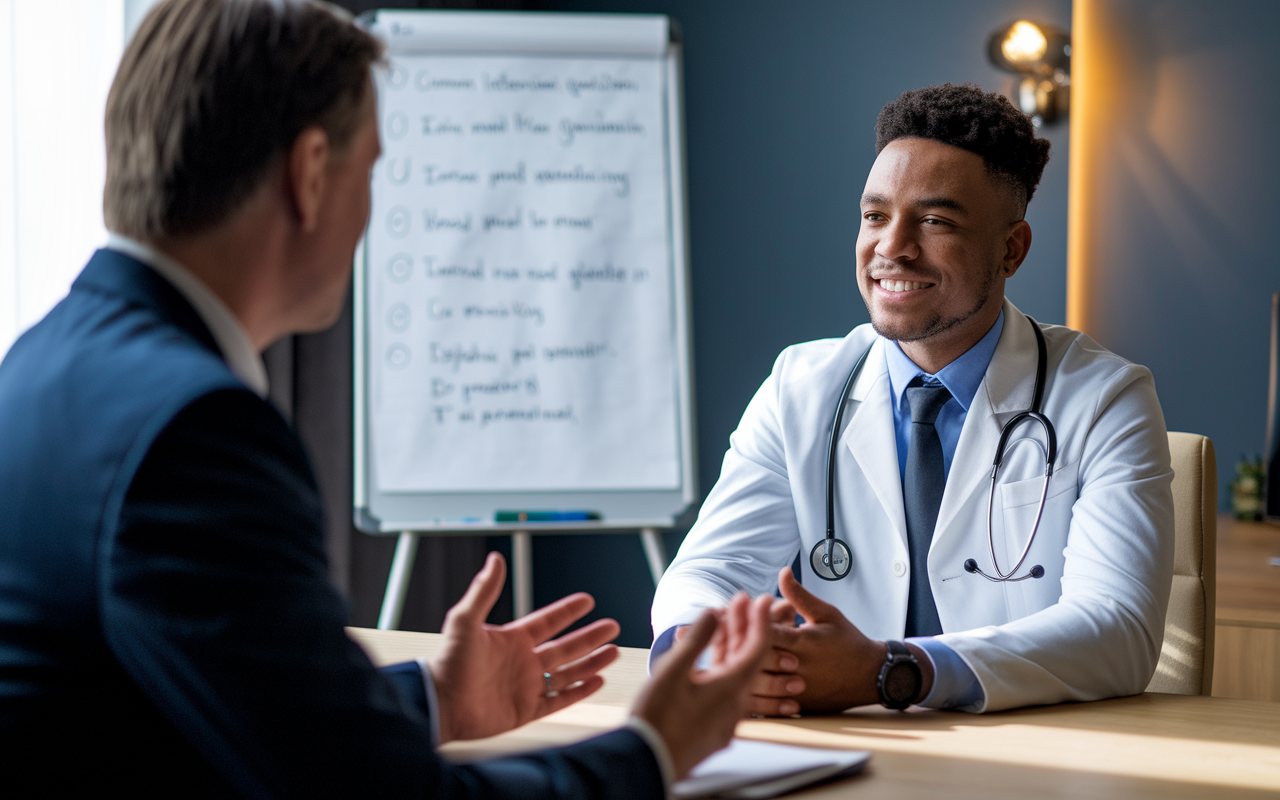 A young physician sitting across from a mentor in a well-lit room, engaged in a mock interview session. The physician, dressed in formal business attire, is practicing responses with a confident expression while the mentor offers feedback. A whiteboard in the background lists common interview questions and tips. Soft overhead lighting creates an encouraging atmosphere, emphasizing the importance of preparation.