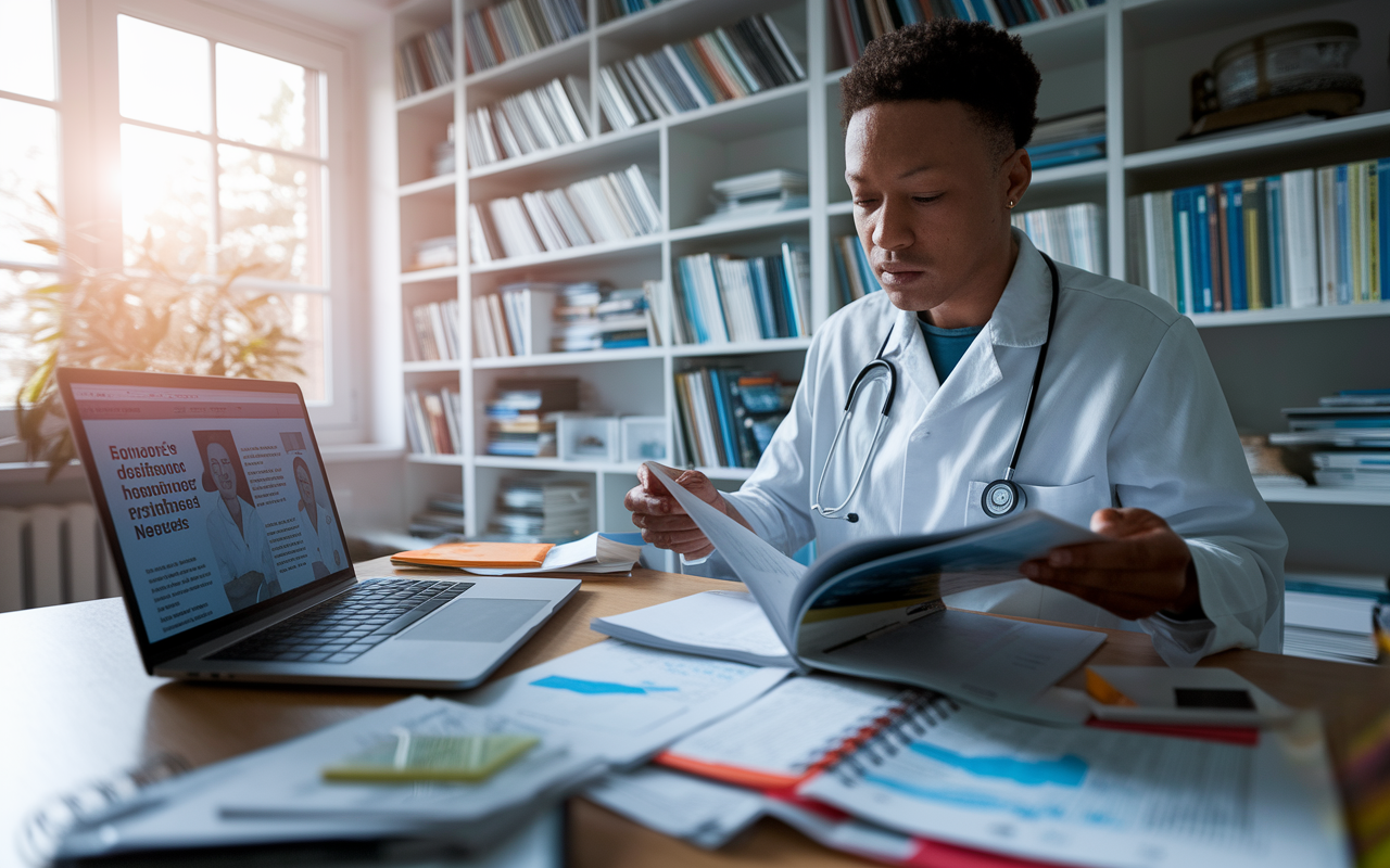 A focused physician reading medical journals at a cozy study, surrounded by shelves filled with books and resources. A laptop is open on the desk displaying recent healthcare news articles. Bright morning light filters through the window, illuminating the space and reflecting the physician's determination to stay informed. Notes and highlighted articles lay scattered, emphasizing their commitment to understanding emerging trends.