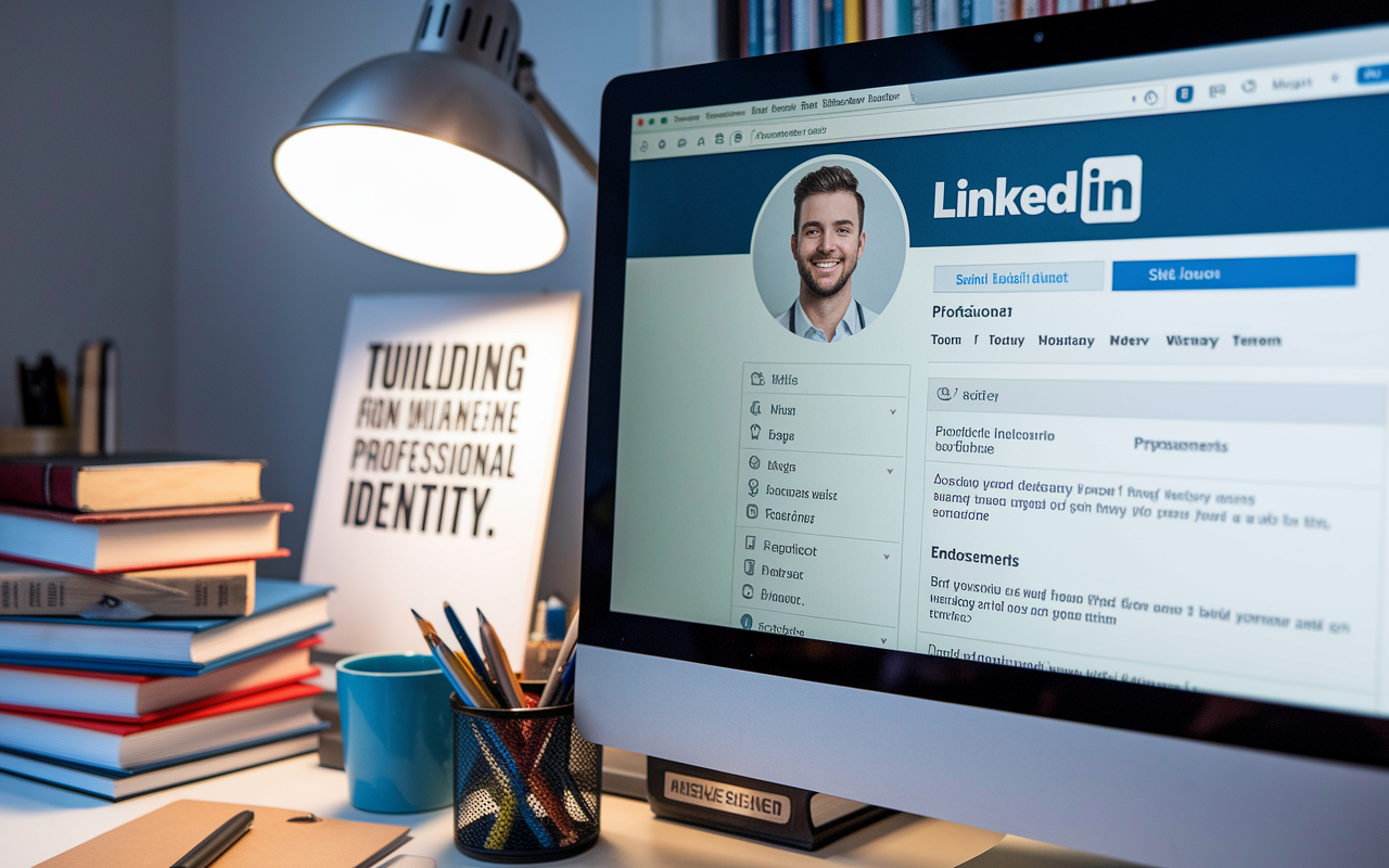 A computer screen displaying a polished LinkedIn profile of a new physician, complete with professional headshot, skills, and endorsements. In the background, a clutter-free workspace is filled with medical textbooks and a motivational poster about building a professional identity. The warm glow from a desk lamp enhances the atmosphere of dedication and professionalism.