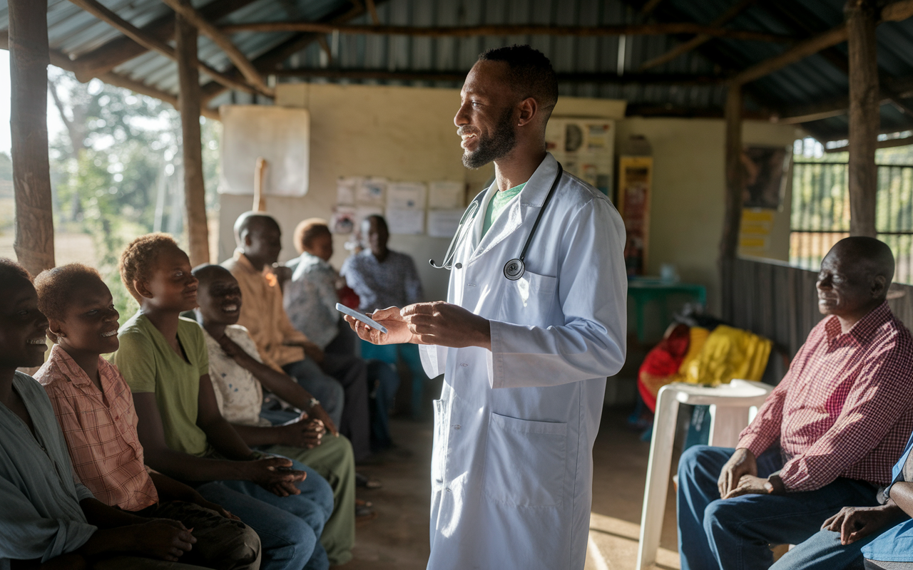 A thoughtful physician standing in a rural clinic, interacting with a diverse group of patients in a warm, welcoming environment. The clinic is simple yet vibrant, illustrating a sense of community care. Natural light streams through the windows, casting a soft glow that highlights the physician's compassionate approach while engaging with patients of various ages.