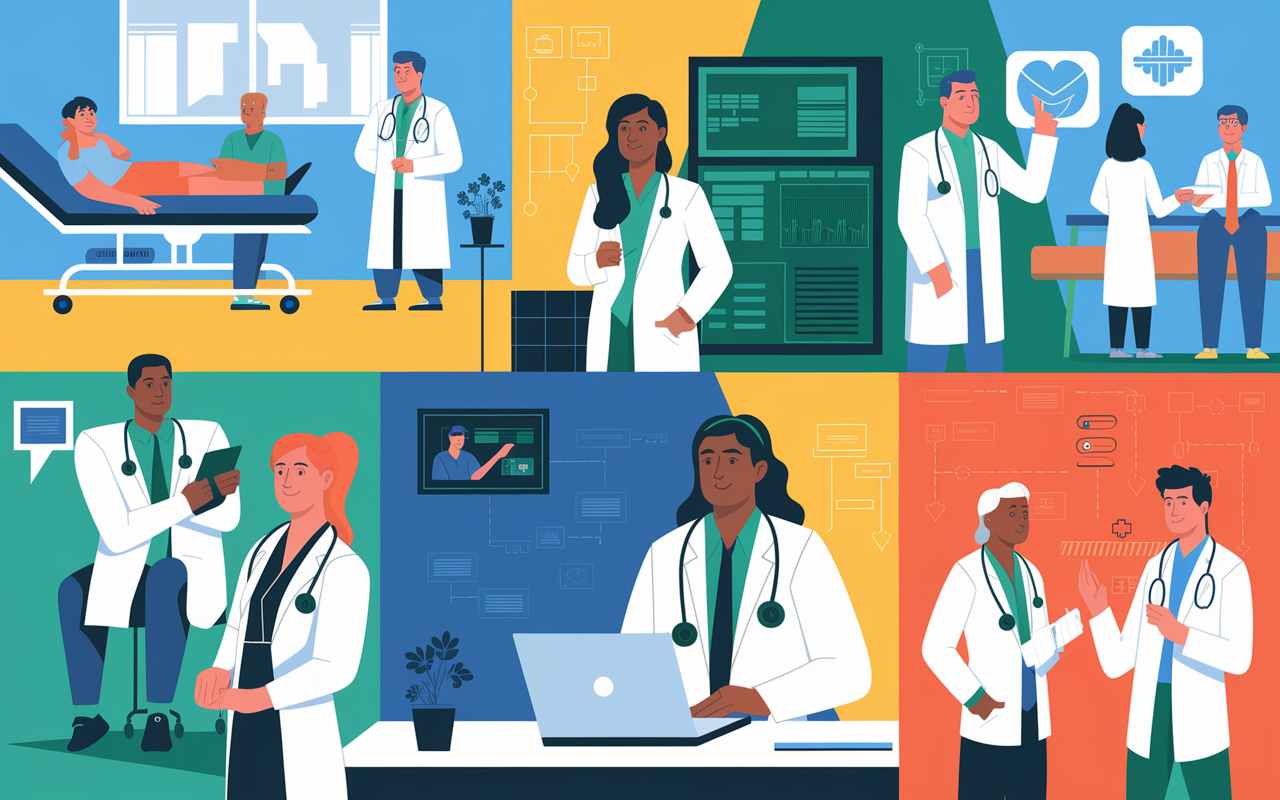 A vibrant collage showcasing a diverse group of new doctors in various settings: one in a hospital treating a patient, another working on a laptop at a telemedicine station, and a third engaged in a discussion with colleagues. The scene should blend clinical environments with technology-infused workspace, highlighting the diverse career paths and increasing competition in the job market. Bright, engaging colors convey optimism and energy.