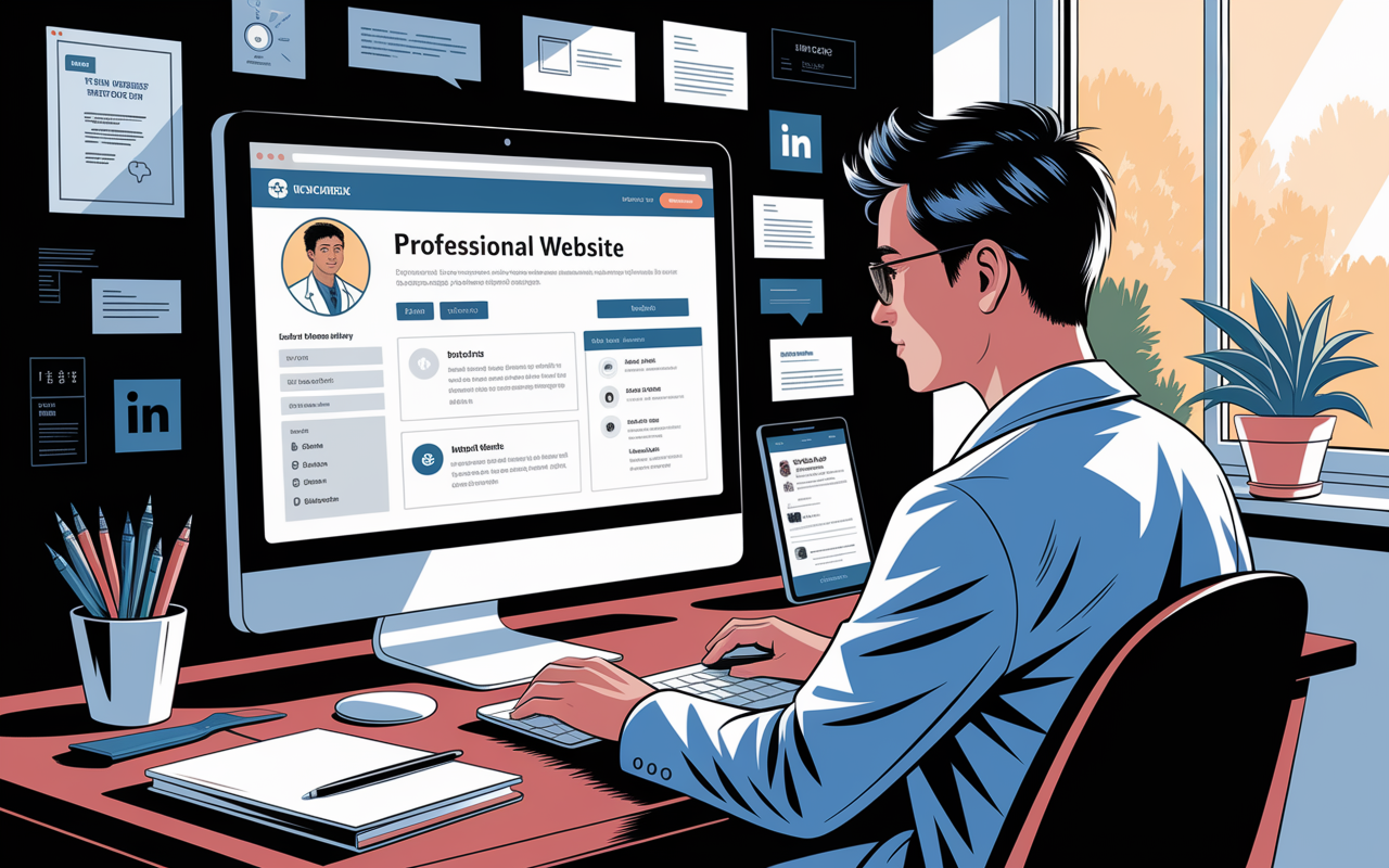 An illustration of a young doctor sitting at a computer, carefully crafting their online presence through a professional website and LinkedIn profile. The screen displays engaging elements like articles, a blog post, and social media interactions. The room is well-lit and modern, symbolizing the digital age's importance in shaping one’s career. Artistic style should be clean and contemporary, capturing the essence of building a personal brand.