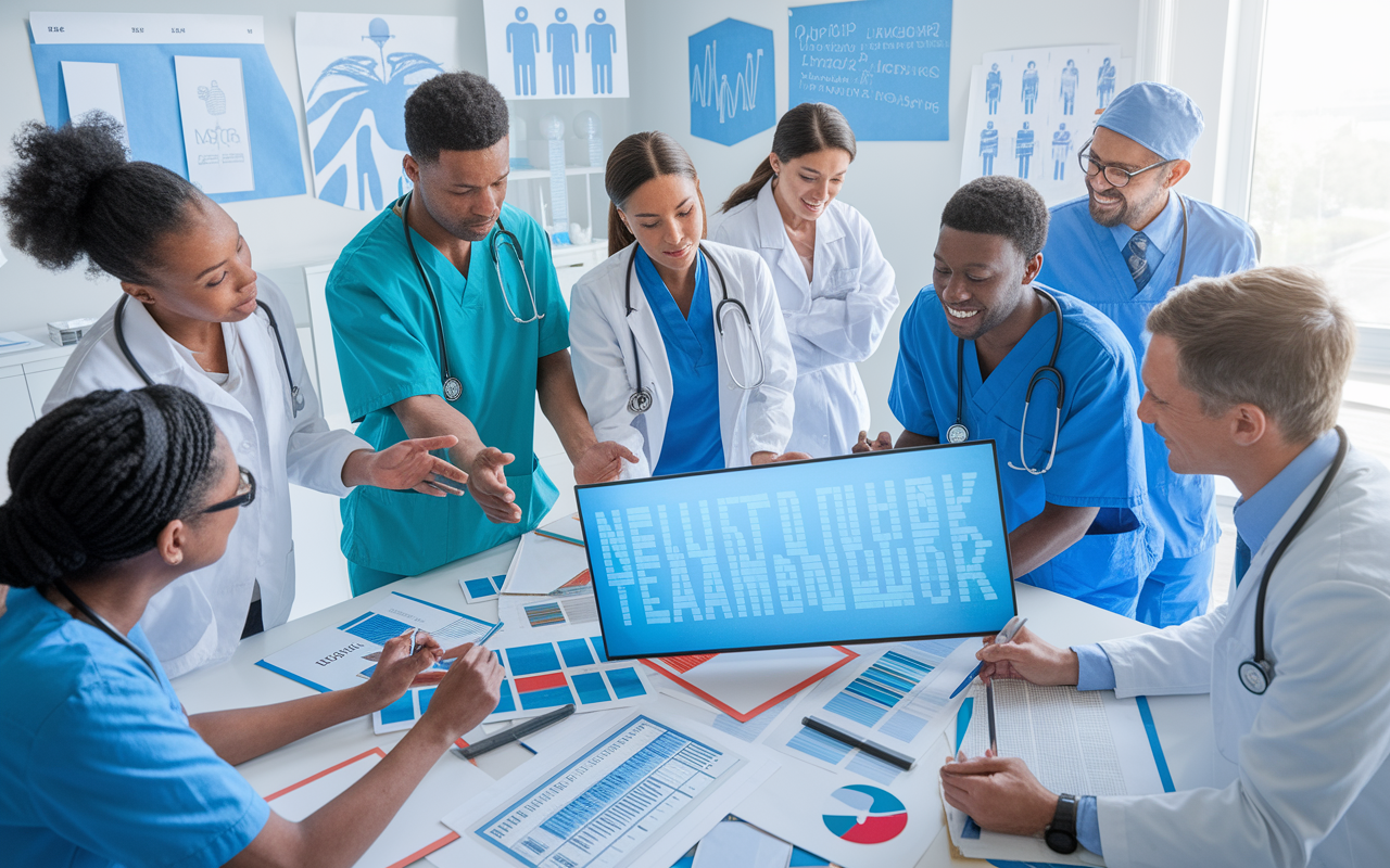 A dynamic scene depicting a group of diverse healthcare professionals engaged in a collaborative meeting, each showcasing various skills: active listening, presenting a digital presentation on teamwork, and brainstorming ideas. The room is bright and filled with medical charts and technology, symbolizing modern healthcare collaboration. The atmosphere should be energetic and cooperative, reflecting the importance of teamwork in the medical field.